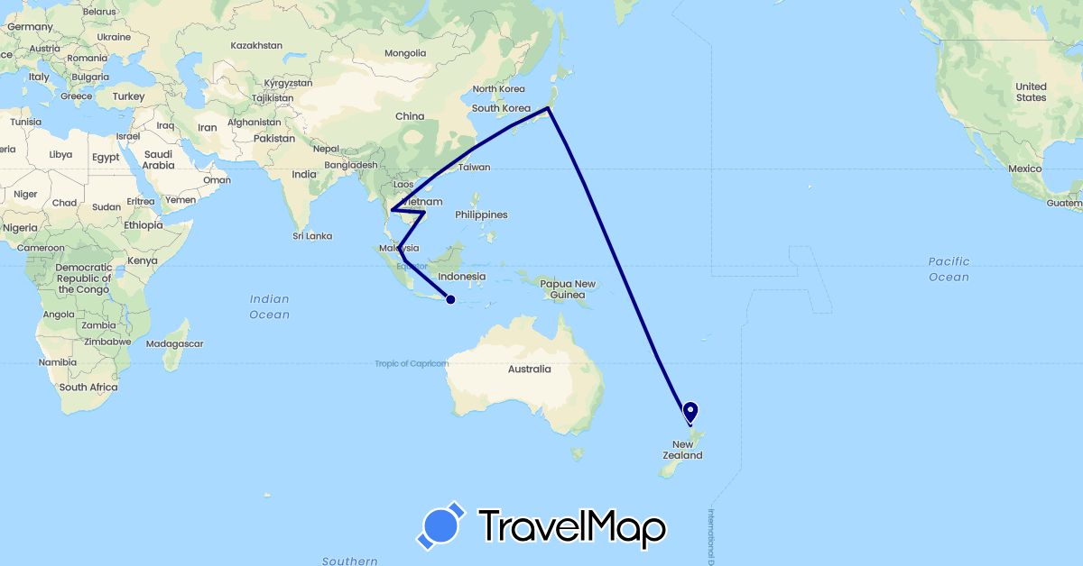 TravelMap itinerary: driving in Indonesia, Japan, Cambodia, Malaysia, New Zealand, Singapore, Thailand, Vietnam (Asia, Oceania)